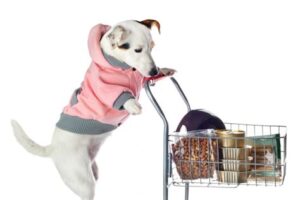 A dog shopping using a shopping cart
